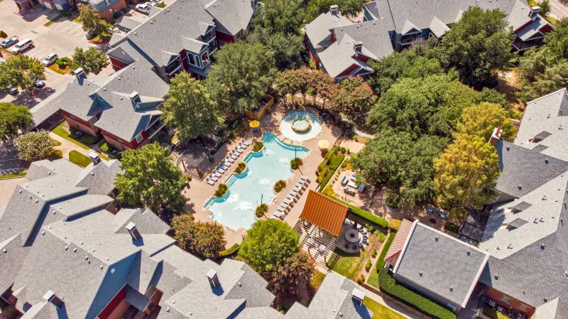 Drone view of the lazy-river amenity pool. — Dallas/Fort Worth real estate photography